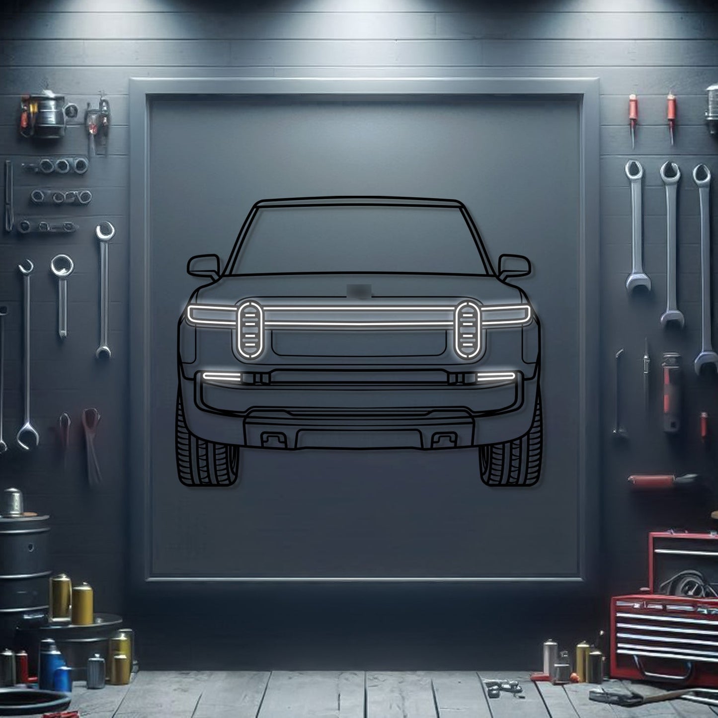 2023 Rivian R1T Front View Metal Neon Car Wall Art - MTN0263 - MTN0263W99-MTN0263W115-MTN0263W140- DRIVEN - 1