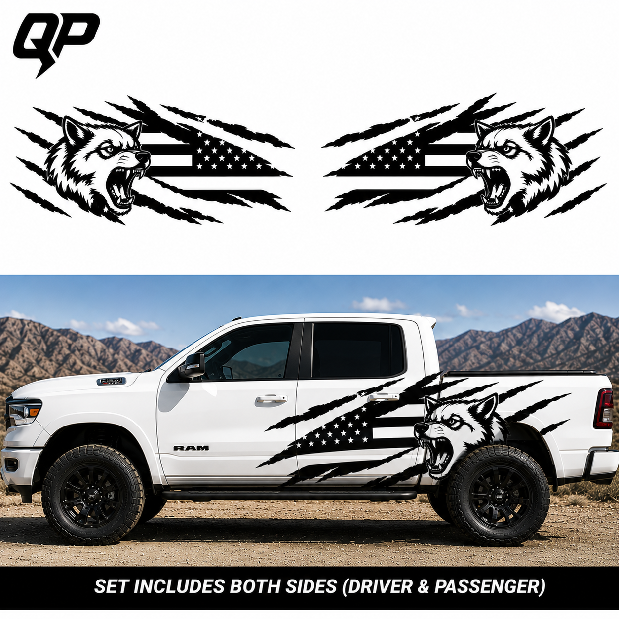 Wolf American Flag Vinyl Decal Set – Ram 1500 | Side Graphic - sku-51896310136964-sku-51896310169732-sku-51896310202500-sku-51896310235268-sku-51896310268036- DRIVEN - 1