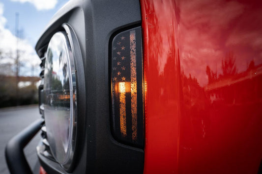 Distressed American Flag Sidemarker Overlays - 2021+ Bronco (ALL) - 21BRONCOSMFRDS-DAF-21BRONCOSMFRDS-DAFR-21BRONCOSMFRDS-DAFFR- DRIVEN - 2