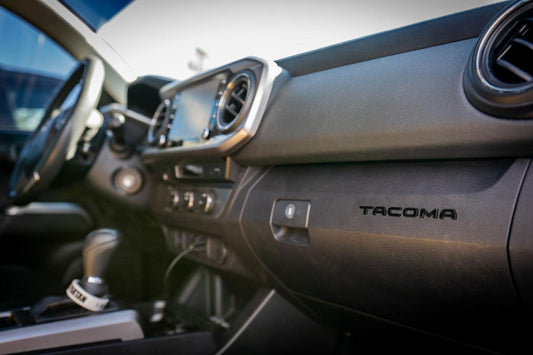 Glove Box "TACOMA" Acrylic Logo Inlays (Laser Series) - 2016-2023 Tacoma - 16TACOGLOVEINLAYLSR-BK-16TACOGLOVEINLAYLSR-RD- DRIVEN - 2