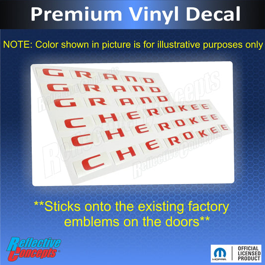 GRAND CHEROKEE Door Emblem Overlay Decal set - 2017-2022 Grand Cherokee WK2 - sku-44611176825019-sku-44611176857787-sku-44611176890555-sku-44611176923323-sku-44611176956091- DRIVEN - 2