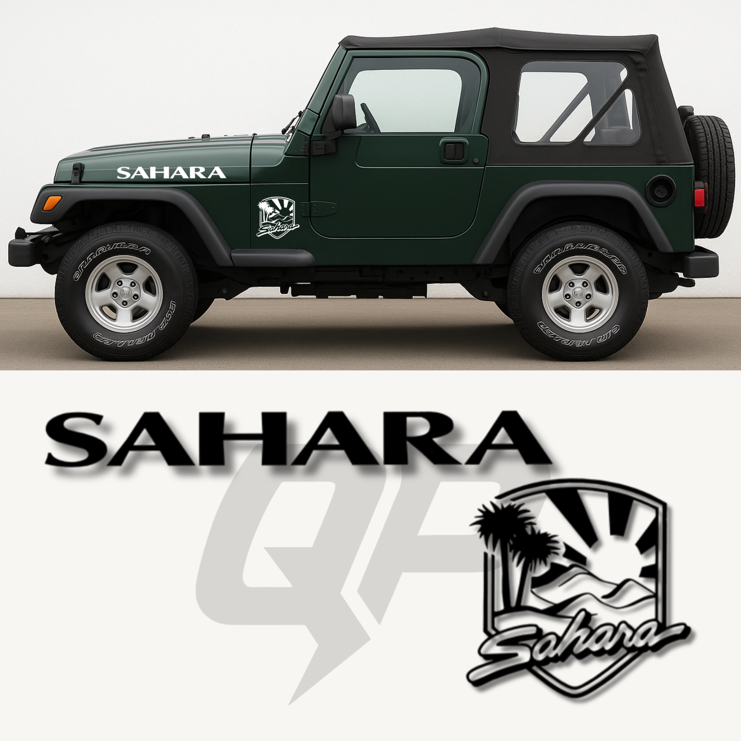 1997–2004 Jeep Wrangler TJ Sahara Hood & Fender Decal Set – 4-Piece OEM-Style Graphics - QJ-TJ-9704-J213-BK-1-QJ-TJ-9704-J213-BK-2-sku-51328676266116-sku-51328676298884-sku-51328676331652- DRIVEN - 1
