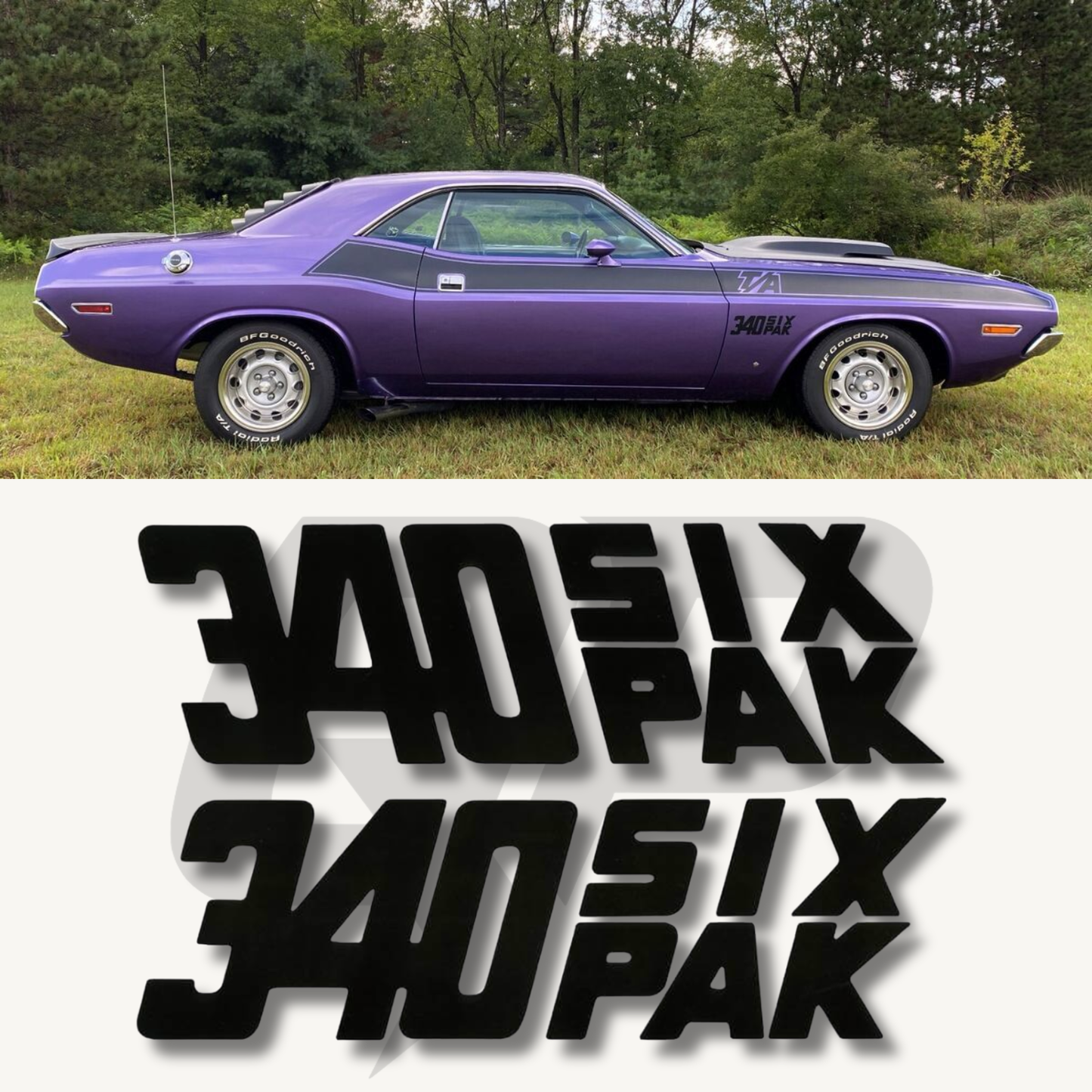 1970 Dodge Challenger 340 SIX-PAK Fender Decal Set – OEM Style Restoration Graphics (Pair) - QG-CDCL-70-516-MBK-1-QG-CDCL-70-516-MBK-2-sku-51337046786180-sku-51337046818948-sku-51337046851716- DRIVEN - 1