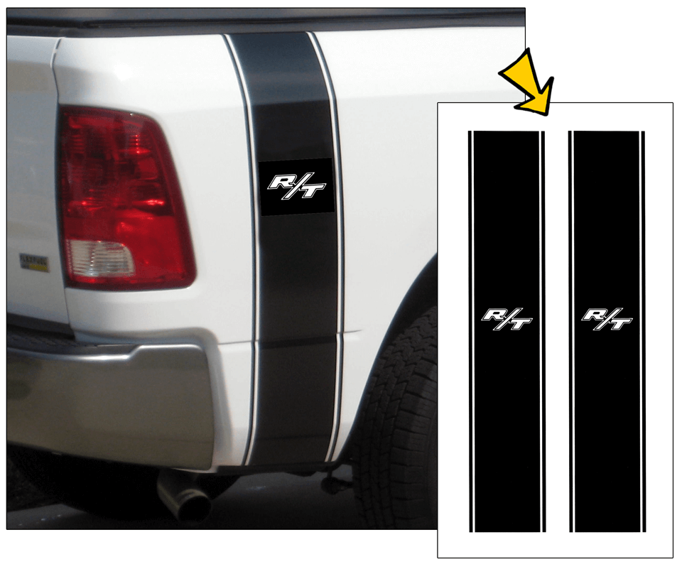 Dodge Truck Vertical Bed Stripe Decal Kit - R/T Name - 8.5 " x 50" - sku-50912655016068-sku-50912655048836- DRIVEN - 1