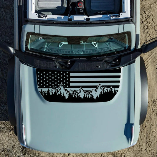 USA Flag Mountain & Tree Hood Bonnet Decal for Ford Bronco | Styling Vinyl Sticker - 200000182:193#Glossy Black- DRIVEN - 2