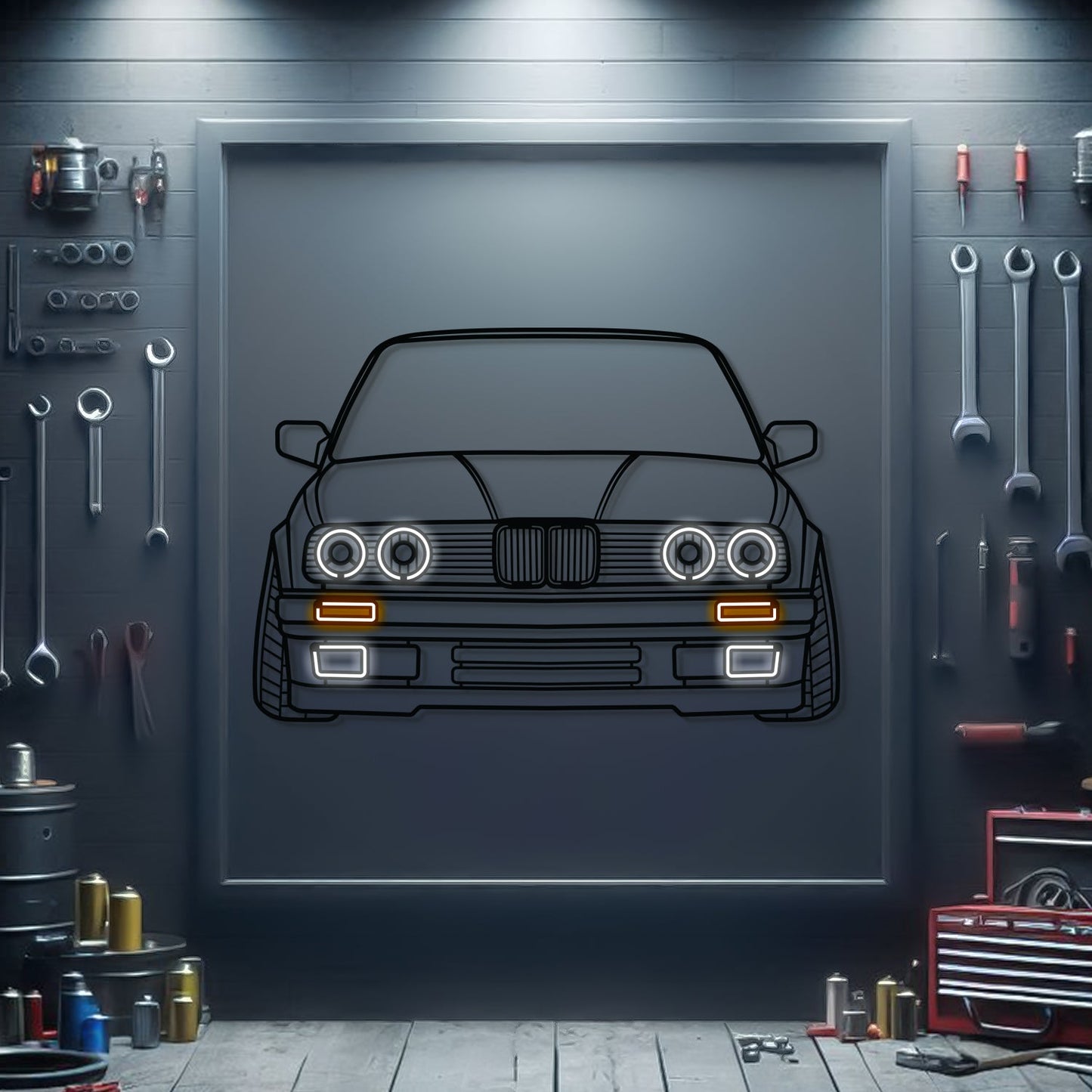 E30 Front View Metal Neon Car Wall Art - MTN0081 - MTN0081W99-MTN0081W115-MTN0081W140- DRIVEN - 1