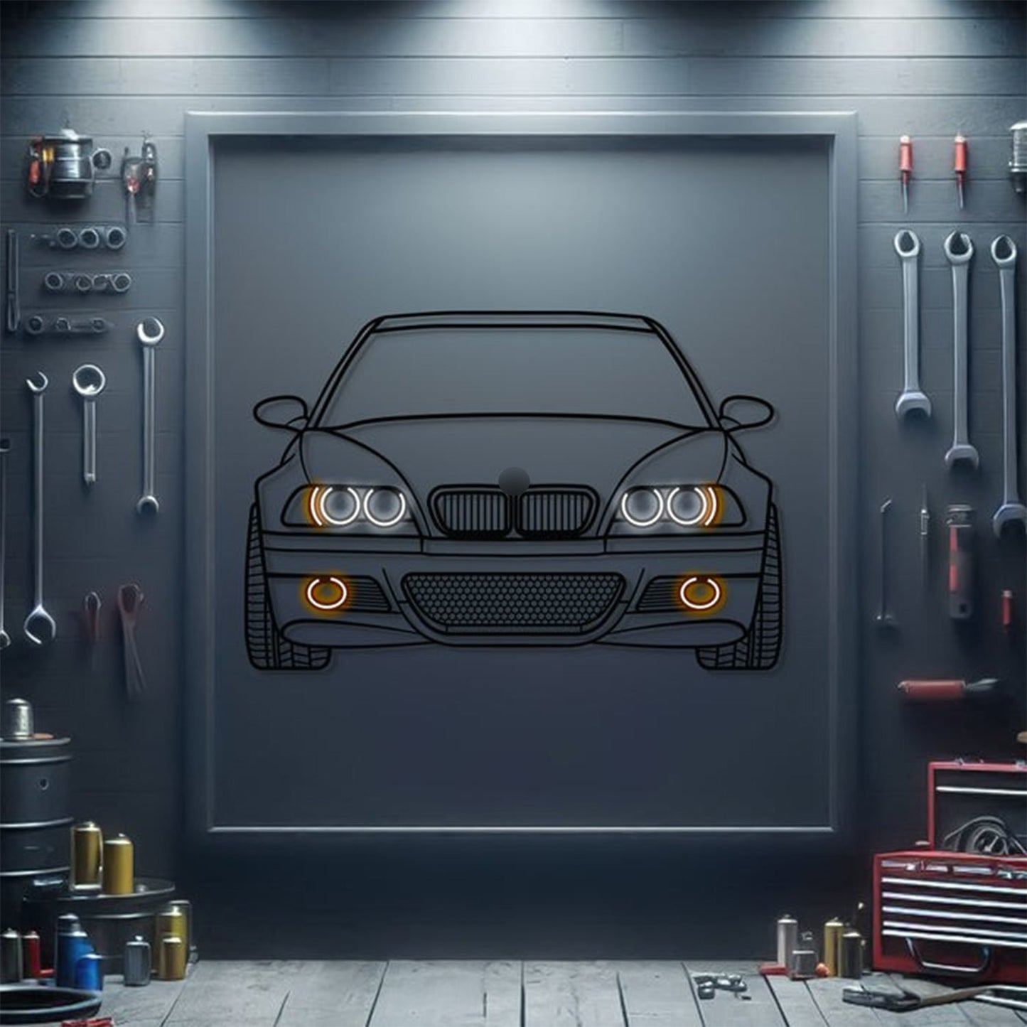 E46 Front View Metal Neon Car Wall Art - MTN0084 - MTN0084W99-MTN0084W115-MTN0084W140- DRIVEN - 1