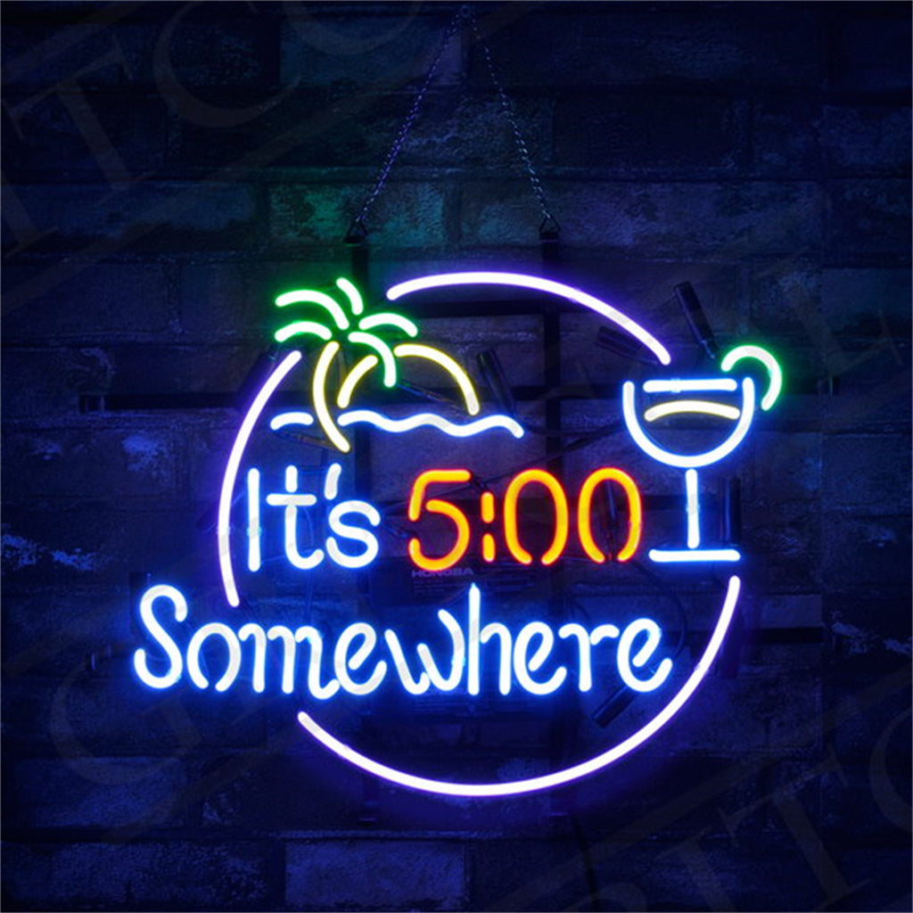 It's 5 o'clock Somewhere Palm Tree Sun Sea Neon Signs - ME395- DRIVEN - 1