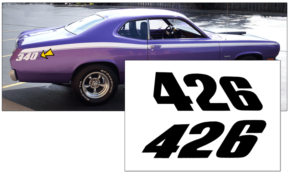 1971-74 Plymouth Duster Quarter Panel Decal Set - 426 Numeral - QG-CPDU-7174-438-BK-1-QG-CPDU-7174-438-BK-2- DRIVEN - 1