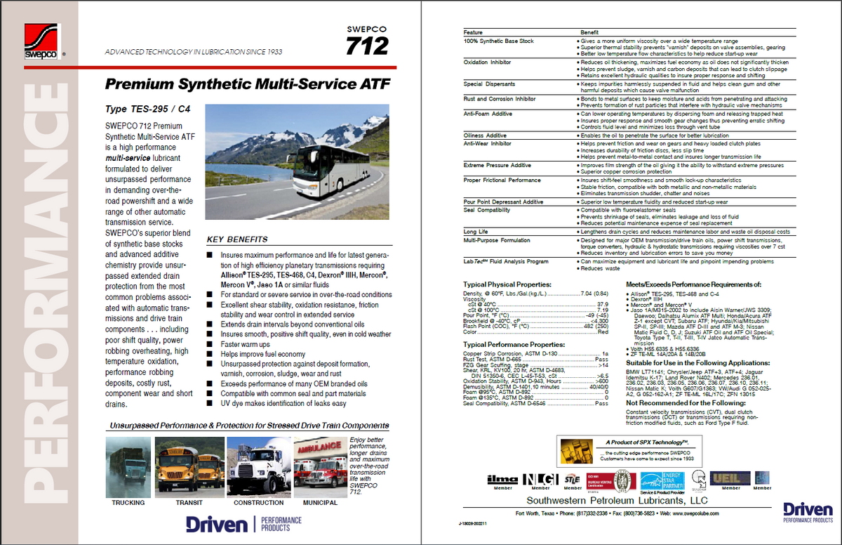 SWEPCO | 712 Synthetic ATF | Heavy-Duty Automatic Transmission Fluid | TES-295 Approved - 712-NA-BIN- DRIVEN - 3