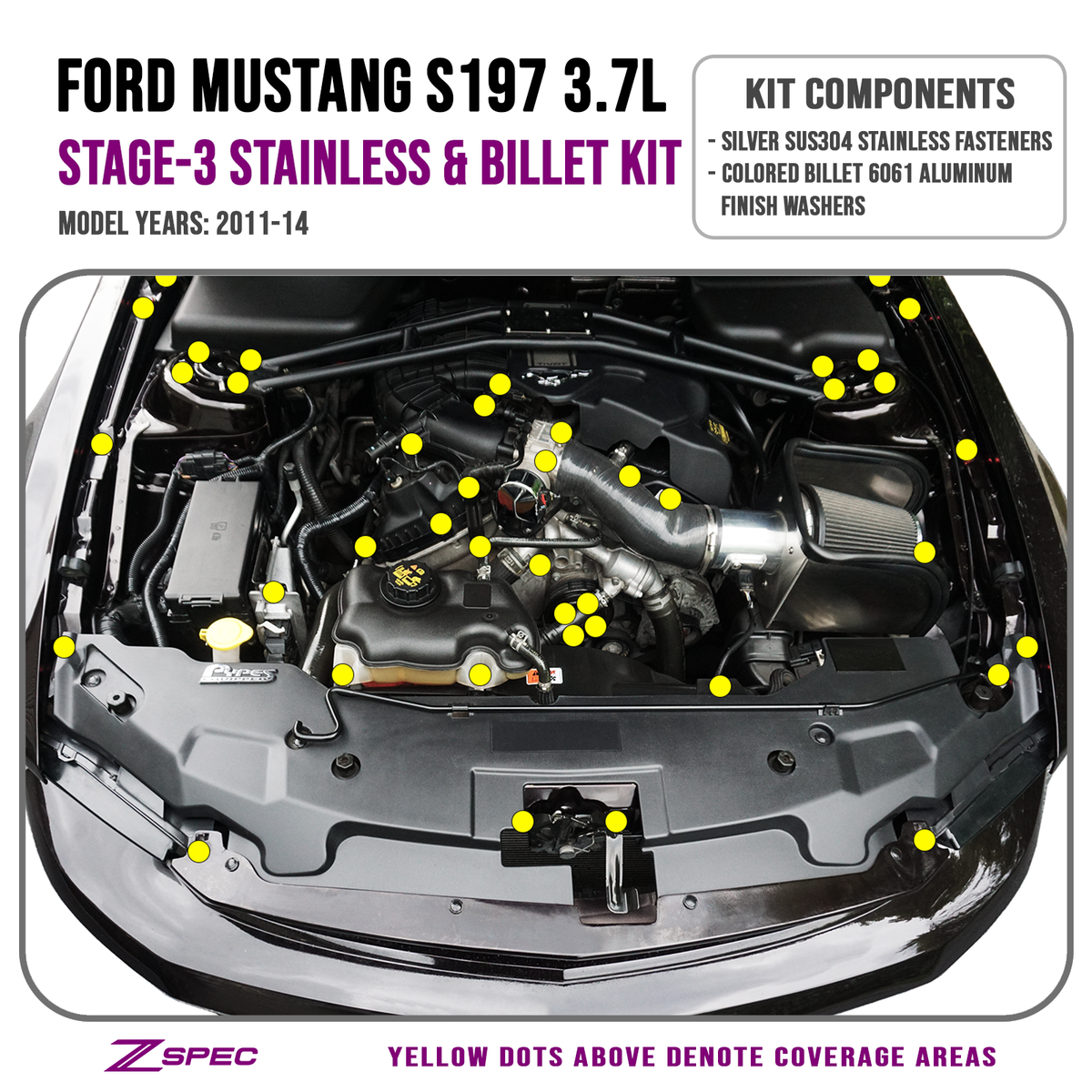 ZSPEC Stage-3 Dress Up Bolts® Fastener Kit for '11-14 Ford Mustang V6 S197, Stainless & Billet - ZSD-754852- DRIVEN - 25