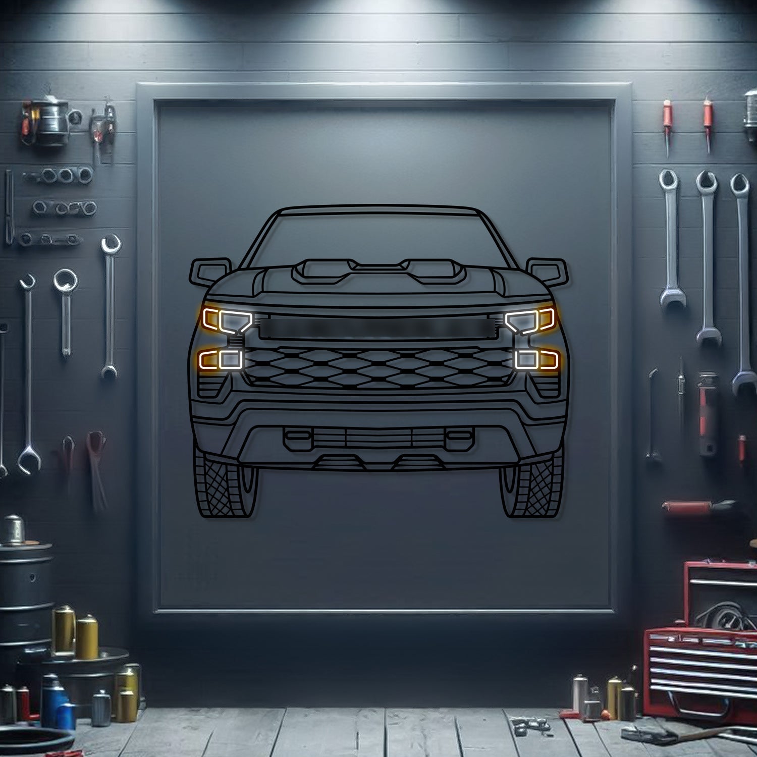 2022 Silverado 1500 Trail Boss Front View Metal Neon Car Wall Art - MTN0215 - MTN0215W99-MTN0215W120-MTN0215W140-  DRIVEN - 1