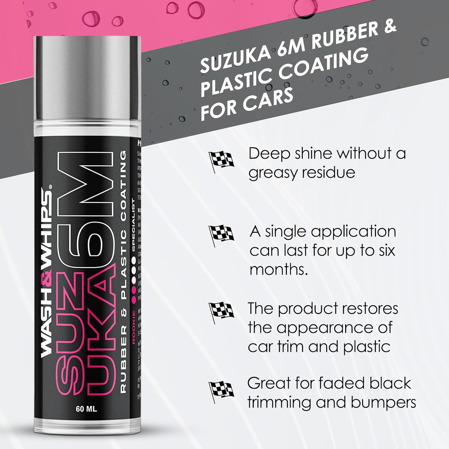 WASH&WHIPS | Suzuka 6M Rubber & Plastic Coating for Cars, Restores and Brings Back Black - Concentrated Formula Non-Greasy, 60ml - MFH1029-  DRIVEN - 4