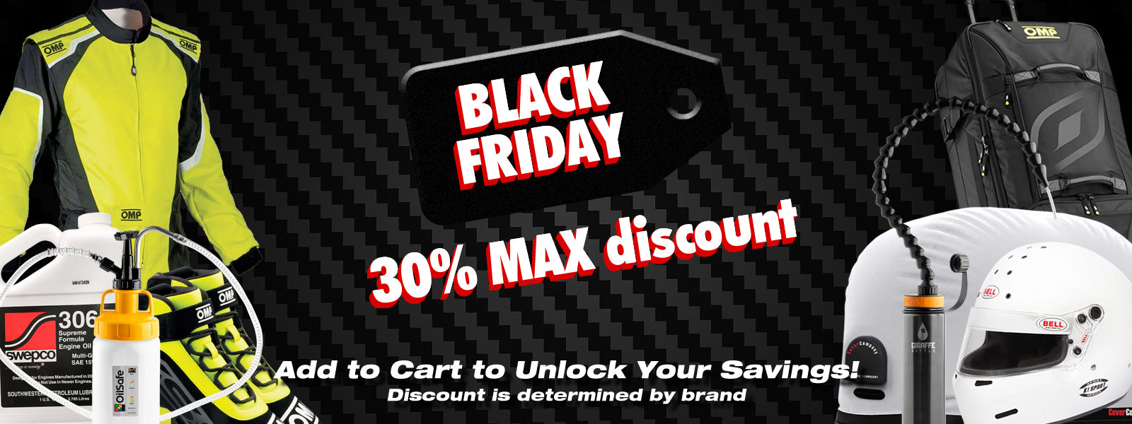Black Friday promotional banner with motorcycle gear and discount text on a black background.