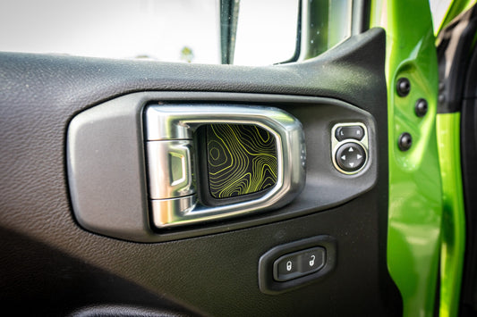 Topographic Map Interior Door Cup Overlays - 2018+ Wrangler JL / Gladiator JT - JLINTDRCUPTP-RR-JLINTDRCUPTP-DD-JLINTDRCUPTP-SB-JLINTDRCUPTP-392-JLINTDRCUPTP-MO-  DRIVEN - 1