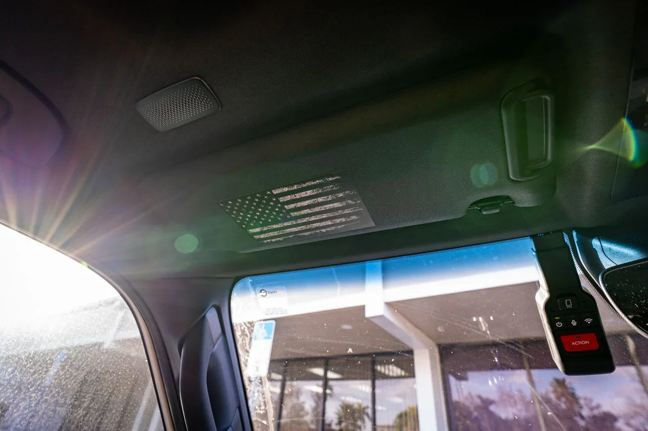 American Flag Sun Visor Warning Overlays - 2024+ Land Cruiser - 24LANDCRUISERSUNVFL-CG-24LANDCRUISERSUNVFL-DAF-24LANDCRUISERSUNVFL-DTBL-24LANDCRUISERSUNVFL-DTRL-24LANDCRUISERSUNVFL-TBL-  DRIVEN - 4