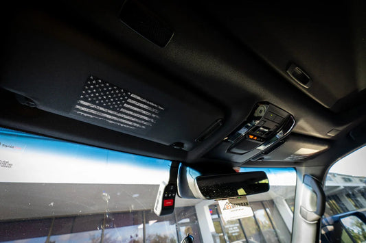 American Flag Sun Visor Warning Overlays - 2024+ Land Cruiser - 24LANDCRUISERSUNVFL-CG-24LANDCRUISERSUNVFL-DAF-24LANDCRUISERSUNVFL-DTBL-24LANDCRUISERSUNVFL-DTRL-24LANDCRUISERSUNVFL-TBL-  DRIVEN - 1