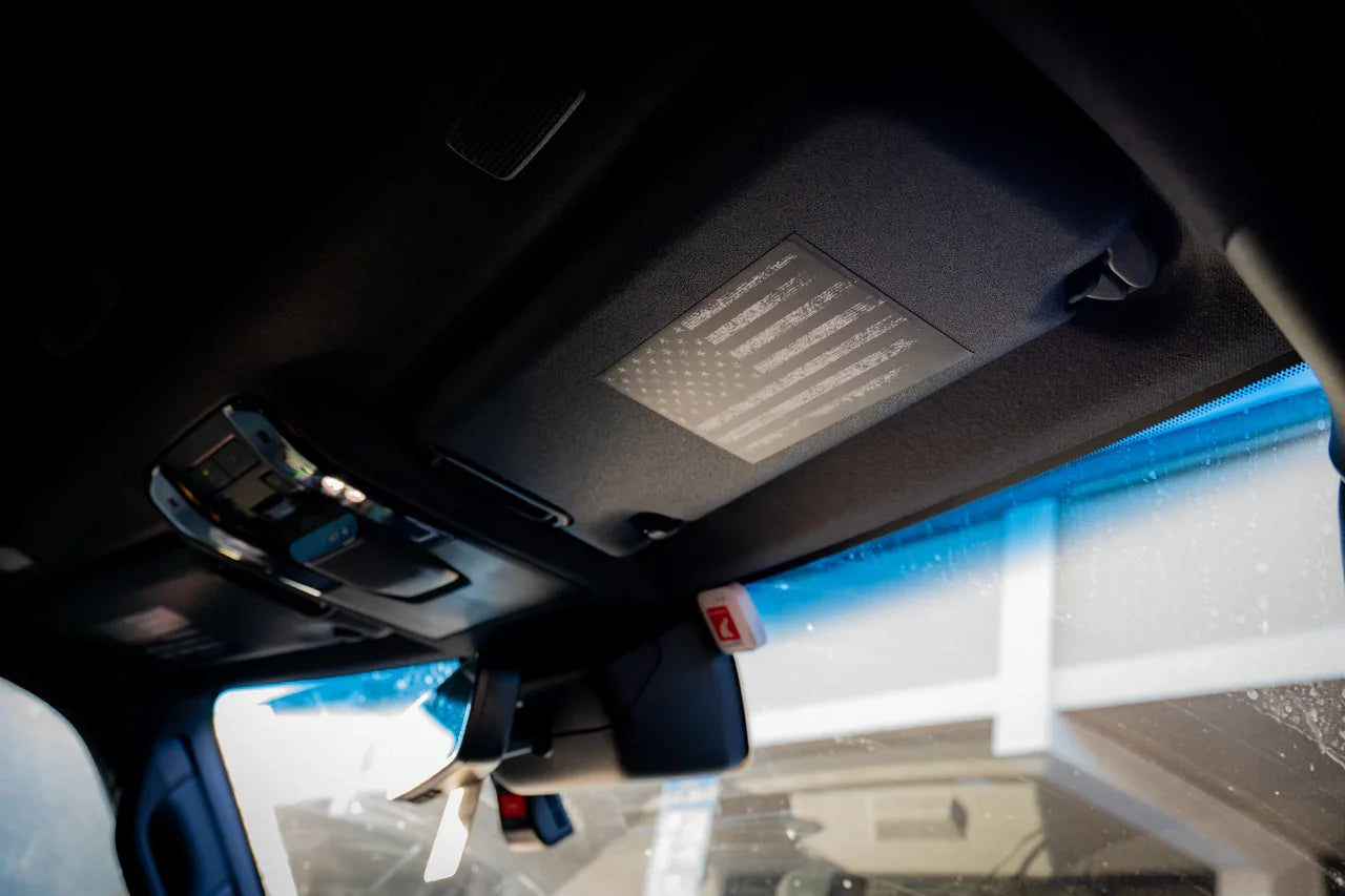 American Flag Sun Visor Warning Overlays - 2024+ Land Cruiser - 24LANDCRUISERSUNVFL-CG-24LANDCRUISERSUNVFL-DAF-24LANDCRUISERSUNVFL-DTBL-24LANDCRUISERSUNVFL-DTRL-24LANDCRUISERSUNVFL-TBL-  DRIVEN - 3