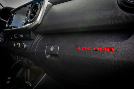 Glove Box "TACOMA" Acrylic Logo Inlays (Laser Series) - 2016-2023 Tacoma - 16TACOGLOVEINLAYLSR-BK-16TACOGLOVEINLAYLSR-RD-  DRIVEN - 1