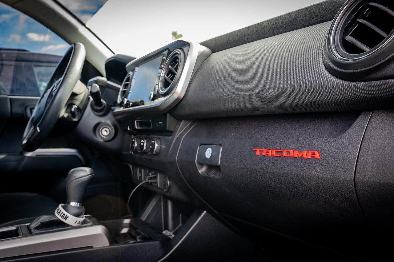 Glove Box "TACOMA" Acrylic Logo Inlays (Laser Series) - 2016-2023 Tacoma - 16TACOGLOVEINLAYLSR-BK-16TACOGLOVEINLAYLSR-RD-  DRIVEN - 3