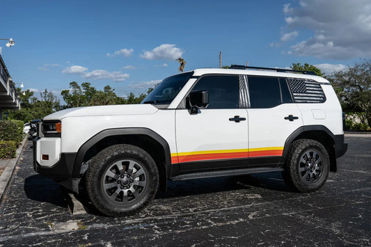 American Flag Rear Window Overlays V2 (Perforated) - 2024+ Land Cruiser - 24LCRWINPERF-DAF-WH-24LCRWINPERF-DAF-CGY-24LCRWINPERF-DAF-TRL-24LCRWINPERF-DAF-TBL-24LCRWINPERF-DAF-TGL-  DRIVEN - 2