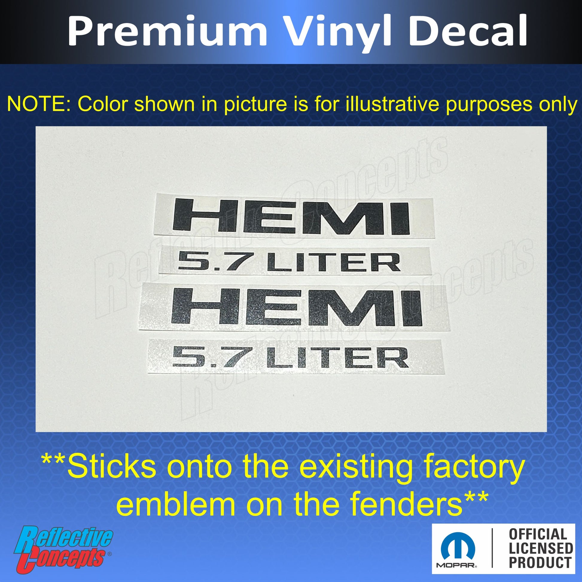 HEMI 5.7 LITER Emblem Overlay Decals - 2013-2018 Ram - Ram:HEMI57-B-01-Ram:HEMI57-B-02-Ram:HEMI57-B-03-Ram:HEMI57-B-04-Ram:HEMI57-B-05-  DRIVEN - 3