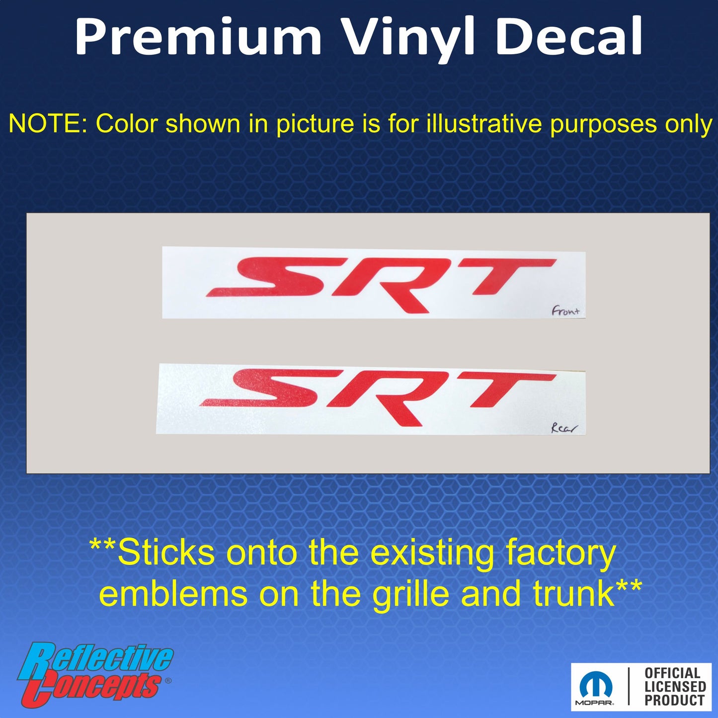 SRT Front and Rear Emblem Overlay Decals - 2015-2016 Challenger SRT Hellcat - sku-44666342473915-sku-44666342506683-sku-44666342539451-sku-44666342572219-sku-44666342604987-  DRIVEN - 2