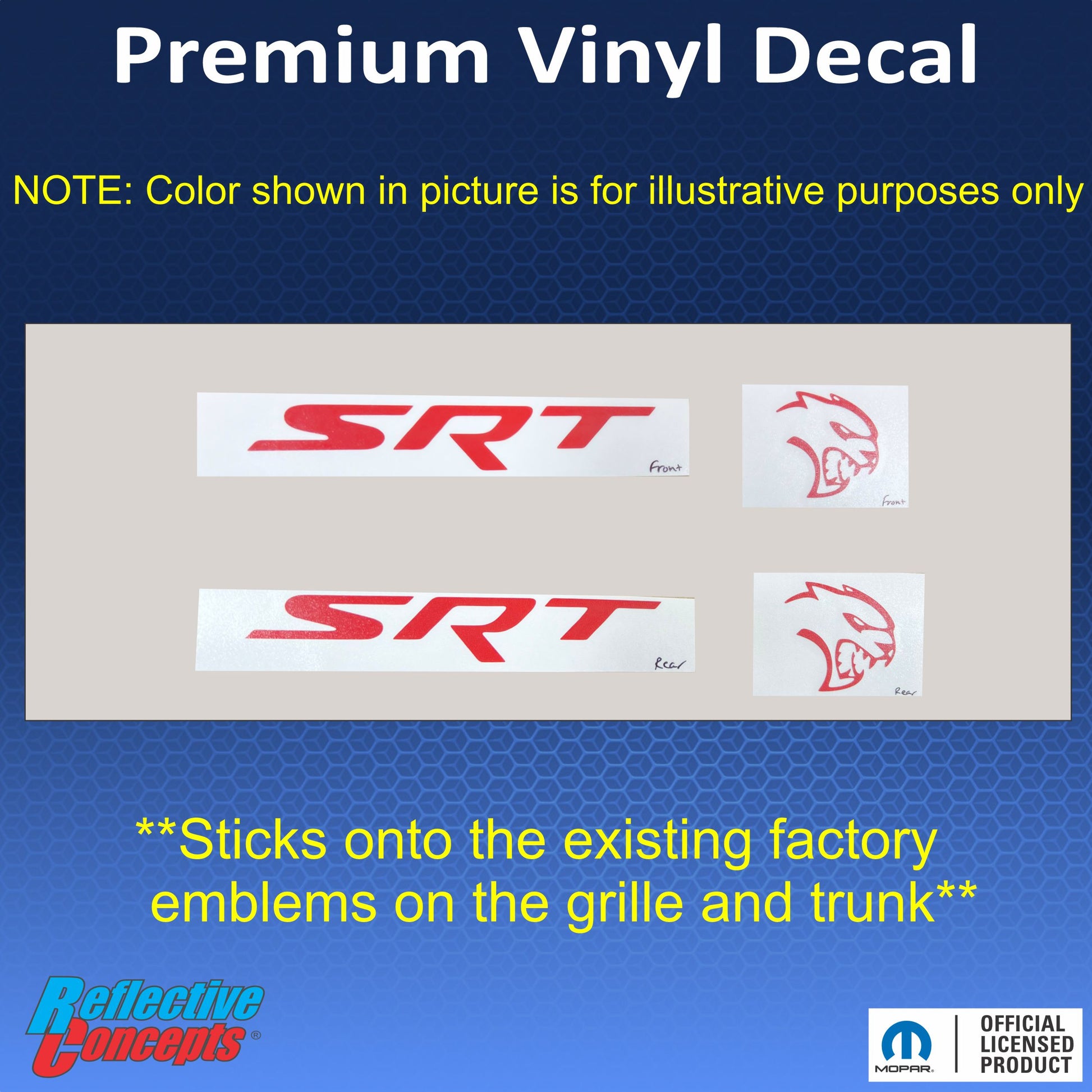 SRT Front and Rear Emblem Overlay Decals - 18-23 Challenger SRT Hellcat - sku-44665709134011-sku-44665709166779-sku-44665709199547-sku-44665709232315-sku-44665709265083-  DRIVEN - 2