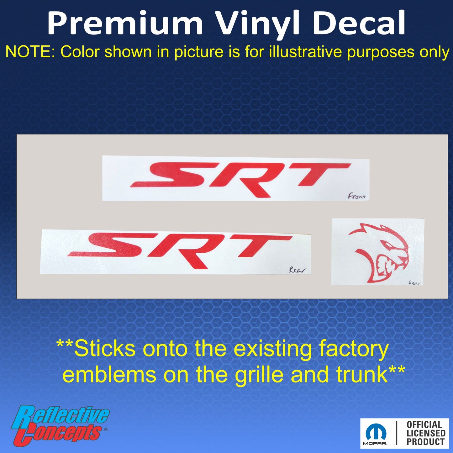 SRT Front and Rear Emblem Overlay Decals - 2017 Challenger SRT Hellcat - sku-44666330906811-sku-44666330939579-sku-44666330972347-sku-44666331005115-sku-44666331037883-  DRIVEN - 2
