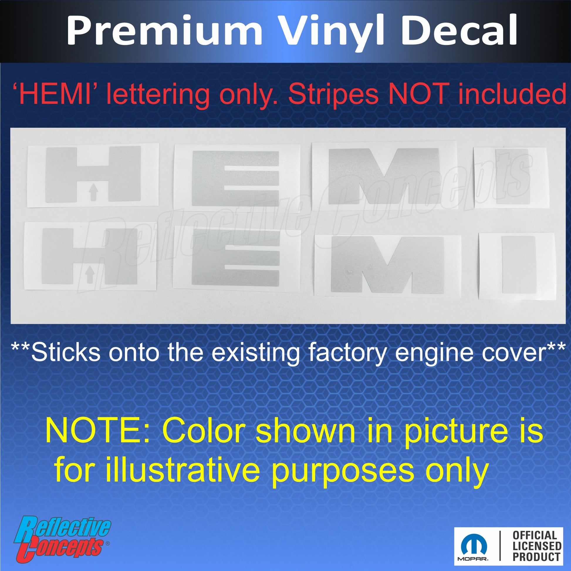 HEMI Lettering Engine Cover Decals - 06-23 Charger R/T - Charger:EC-HEMI-01-Charger:EC-HEMI-02-Charger:EC-HEMI-03-Charger:EC-HEMI-04-Charger:EC-HEMI-05-  DRIVEN - 3