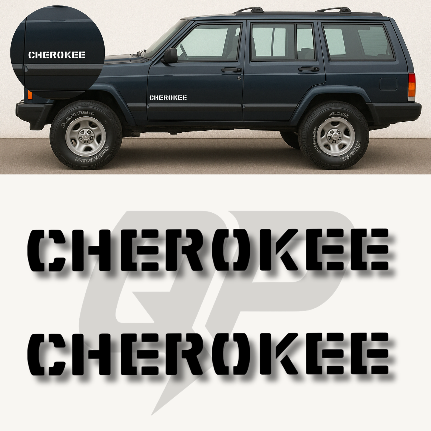 1984–2001 Jeep Cherokee XJ CHEROKEE Fender Decals Stencil Style - QJ-XJ-8401-J175-BK-1-QJ-XJ-8401-J175-BK-2-sku-51333966069892-sku-51333966102660-sku-51333966135428-  DRIVEN - 1