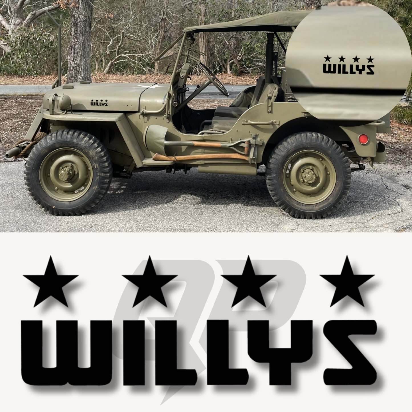 Jeep Willys Name with Stars Decal - QJ-MB-W-J404-BK-1-QJ-MB-W-J404-BK-2-sku-51314152079492-sku-51314152112260-sku-51314152145028-  DRIVEN - 1