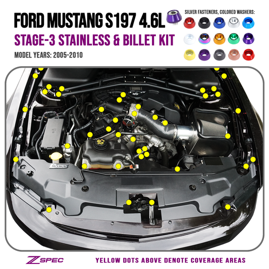 ZSPEC Stage-3 Dress Up Bolts® Fastener Kit for 05-10 Ford Mustang 4.6L S197, Stainless & Billet - ZSD-190599-  DRIVEN - 1