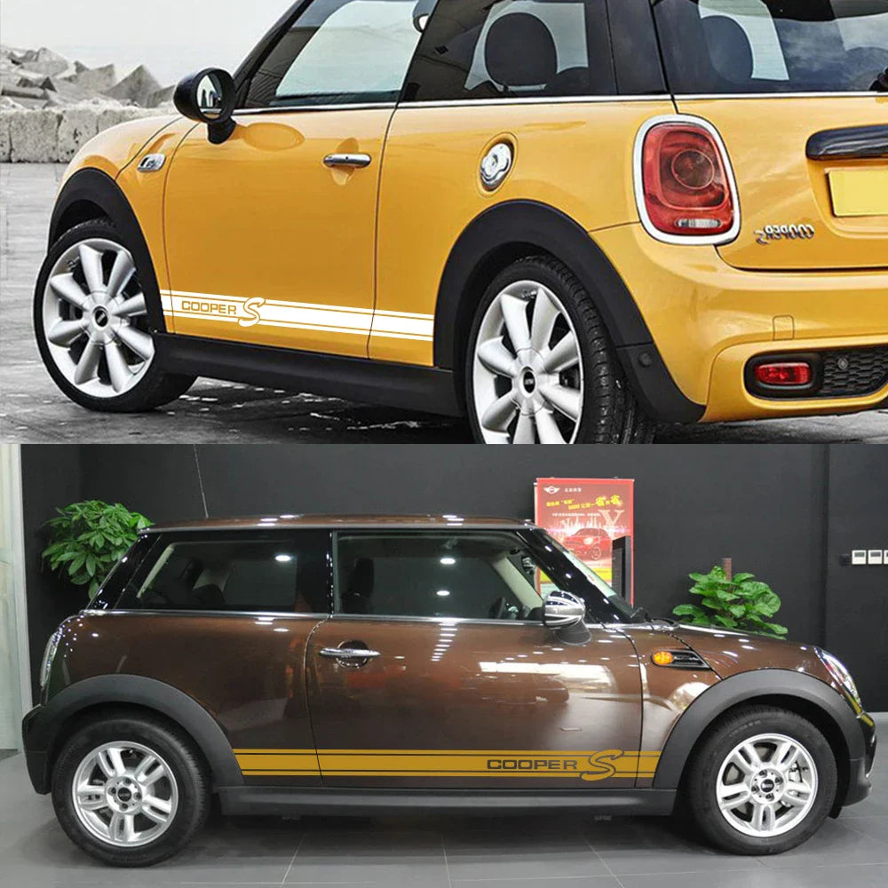 Side Stripe Decals for Mini Cooper (R50, R52, R53, R56, R57, R58, R59, R61) | 2-Piece Vinyl Kit - 200000182:200006152#Colorful Laser-200000182:200004890#Matt Black-200000182:10#Glossy Red-200000182:350853#Matt Sliver-200000182:29#Glossy White-  DRIVEN - 3