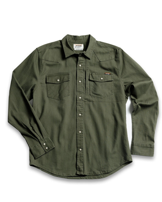Earl Denim Shirt - Dusty Olive - OMWL325001DV01-OMWL325001DV02-OMWL325001DV03-OMWL325001DV04-OMWL325001DV05-  DRIVEN - 1