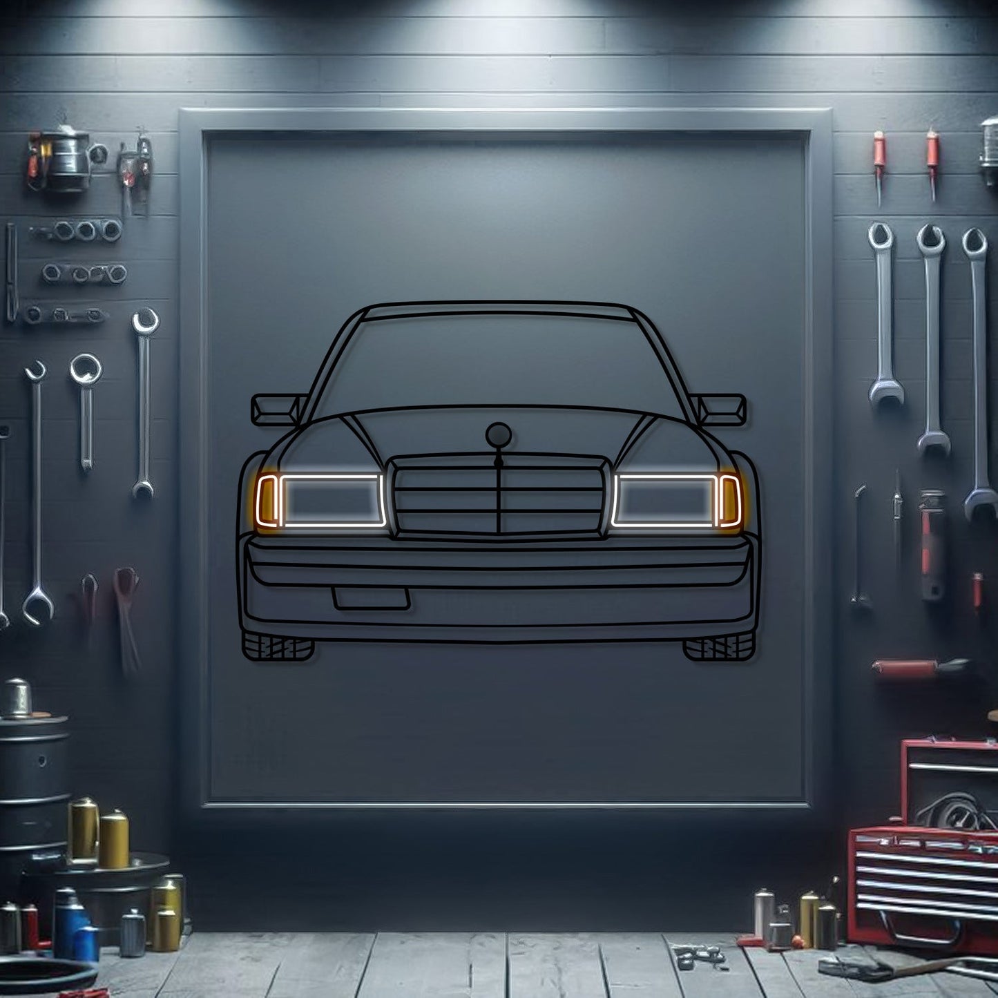 190E W201 Front View Metal Neon Car Wall Art - MTN0230 - MTN0230W99-MTN0230W120-MTN0230W140-  DRIVEN - 1
