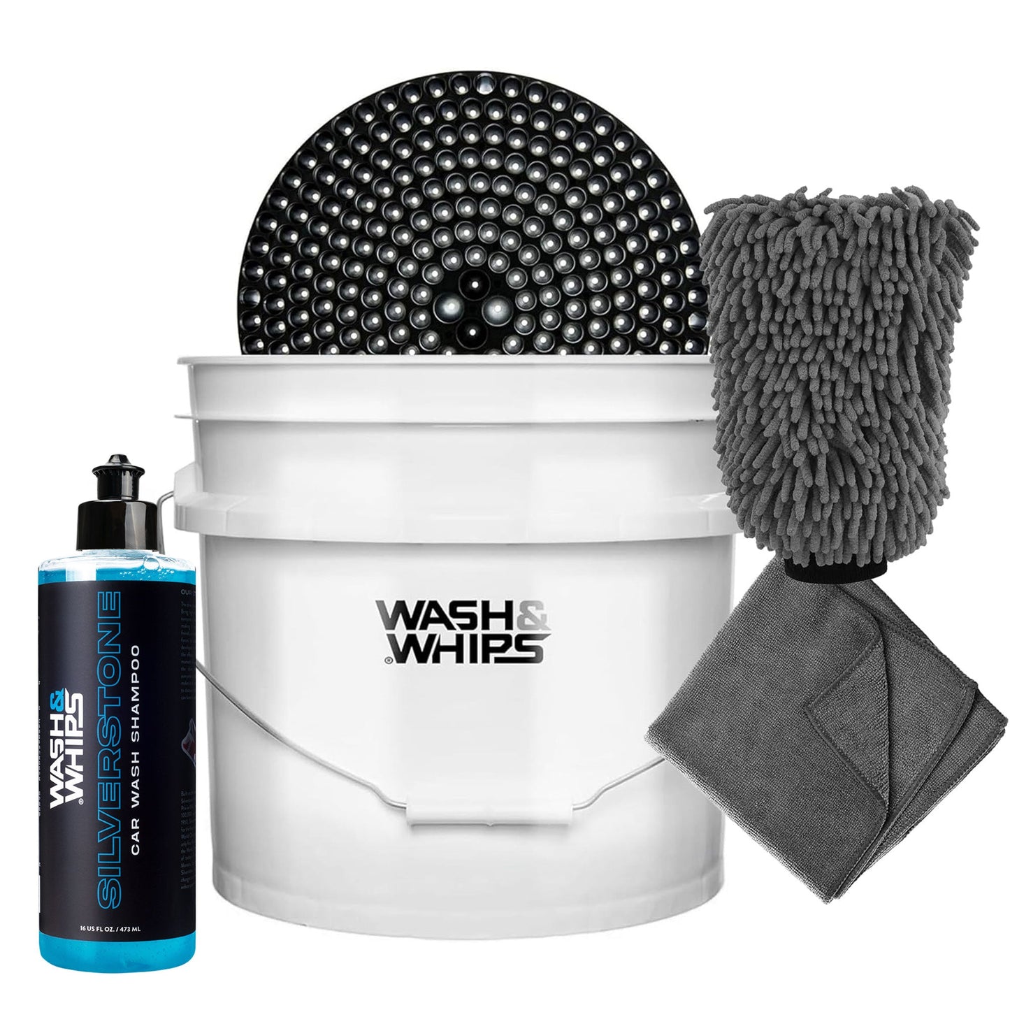 WASH & WHIPS | Car Wash Kit - 3-Gallon Bucket with Particle Interceptor Trap, Shampoo, Chenille Mitt & Microfiber Soft Towel, 5pcs - MFH271-F-  DRIVEN - 1