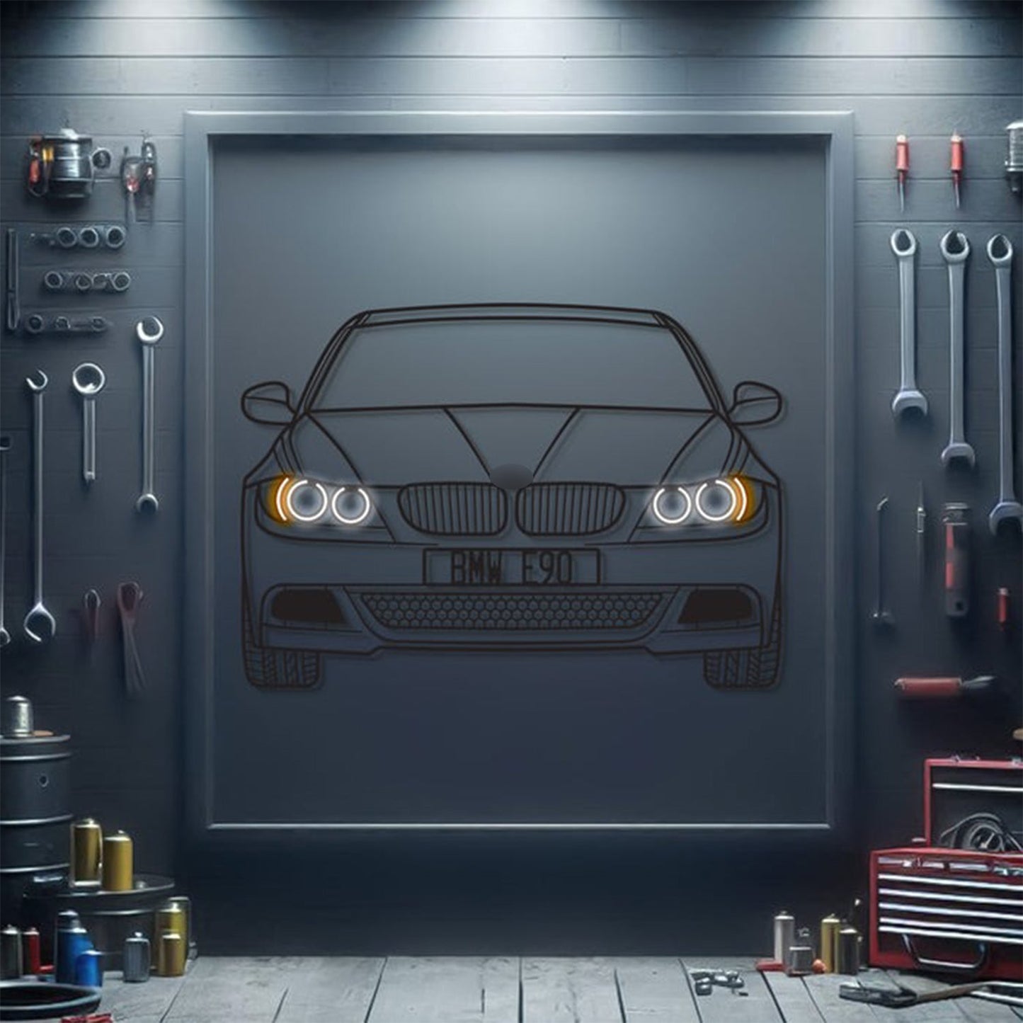 E90 Front View Metal Neon Car Wall Art - MTN0086 - MTN0086W99-MTN0086W115-MTN0086W140-  DRIVEN - 1