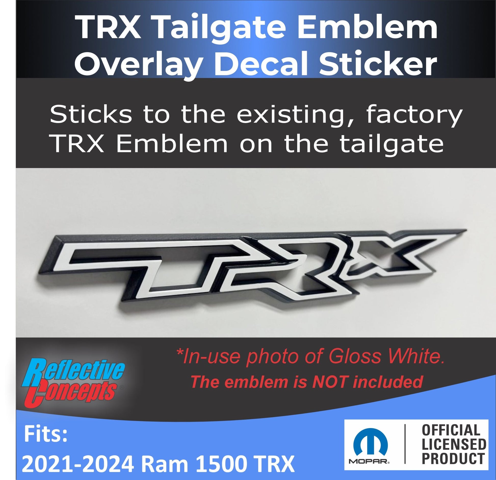 TRX Tailgate Emblem Overlay Decal   - 2021-2024 Ram TRX - sku-44717207126203-sku-44717207158971-sku-44717207191739-sku-44717207224507-sku-44717207257275-  DRIVEN - 2