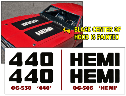 1970 Dodge Charger HEMI or 440 Hood Decal Set - 6" x 19" - QG-CDCR-70-506-BK-sku-50929621401732-QG-CDCR-70-530-BK-sku-50929621434500-  DRIVEN - 1