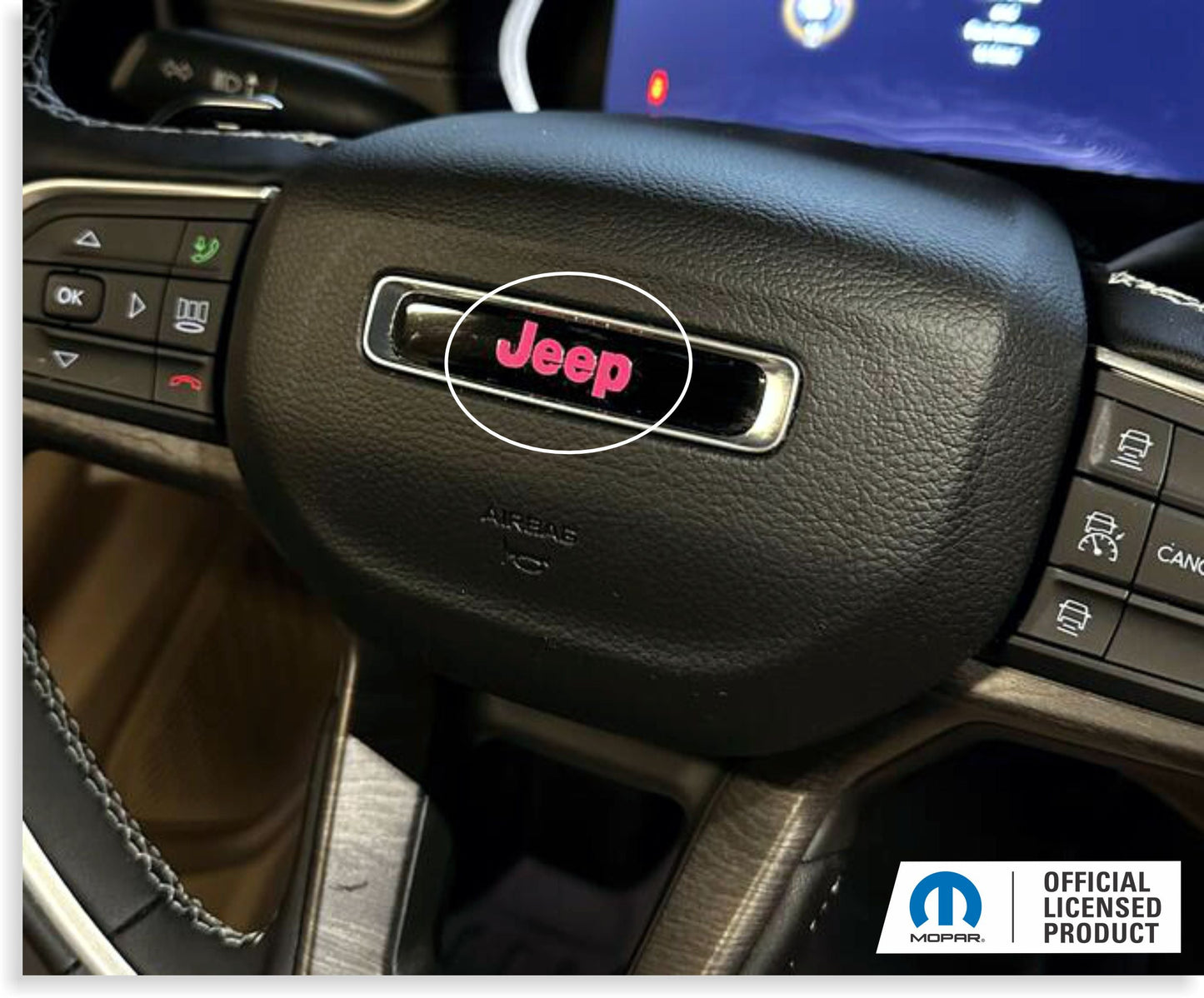 Steering Wheel Emblem Overlay Decal   - 2021-2025 Grand Cherokee L - Jeep-SWO:GCL-01-Jeep-SWO:GCL-02-Jeep-SWO:GCL-03-Jeep-SWO:GCL-04-Jeep-SWO:GCL-05-  DRIVEN - 4