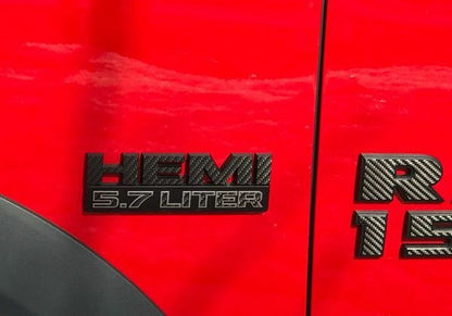 HEMI 5.7 LITER Emblem Overlay Decals - 2019-2024 Ram 1500 Classic - Ram:131821:HEMI57-B-01-Ram:131821:HEMI57-B-02-Ram:131821:HEMI57-B-03-Ram:131821:HEMI57-B-04-Ram:131821:HEMI57-B-05-  DRIVEN - 6
