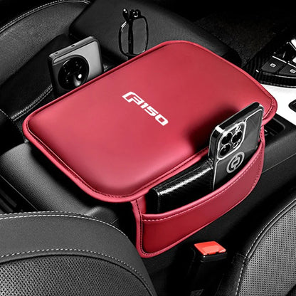 Leather Center Console Armrest Pad & Storage Pocket for Ford F-150 | Brown / Black / Red