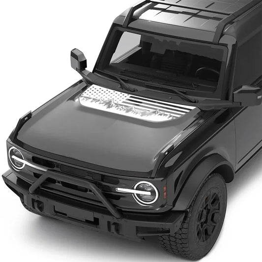 USA Flag Mountain & Tree Hood Bonnet Decal for Ford Bronco | Styling Vinyl Sticker - 200000182:193#Glossy Black-  DRIVEN - 1