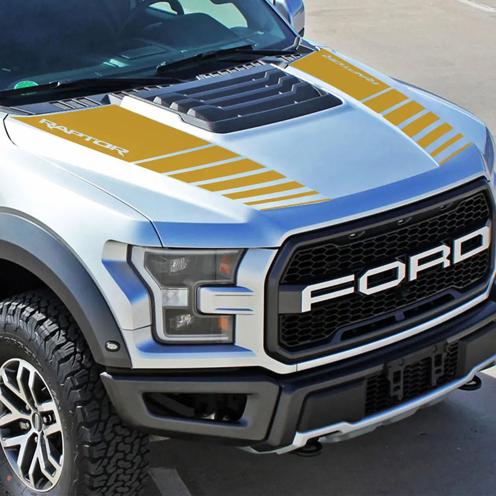 Ford Ranger Raptor & F-150 Hood Bonnet Decal Set – Vinyl Film Sticker (2 Pcs) | 2015–2020, 12 Finishes - 200000182:350686#Colorful Laser-200000182:350852#Glossy Orange-200000182:350850#Matt Gold-200000182:200004890#Carbon Fiber-200000182:366#Glossy Yellow-  DRIVEN - 5