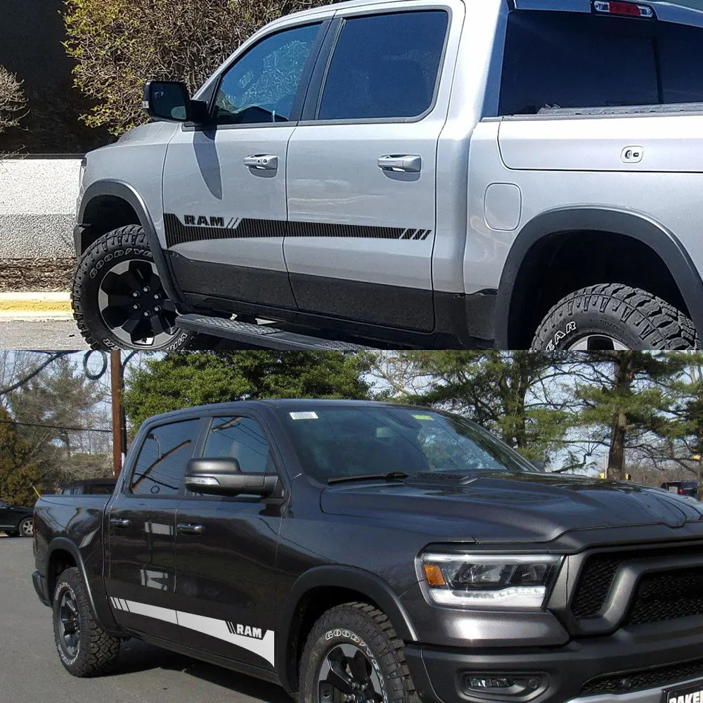 Dodge RAM Door Side Skirt Graphic Decal Kit (2 Pcs) – Custom Vinyl Sticker | 1500, 2500, Rebel, RTX | 12 Finishes - 200000182:10#Glossy Red-200000182:691#Glossy Gray-200000182:366#Glossy Yellow-200000182:350852#Glossy Orange-200000182:29#Glossy White-  DRIVEN - 3