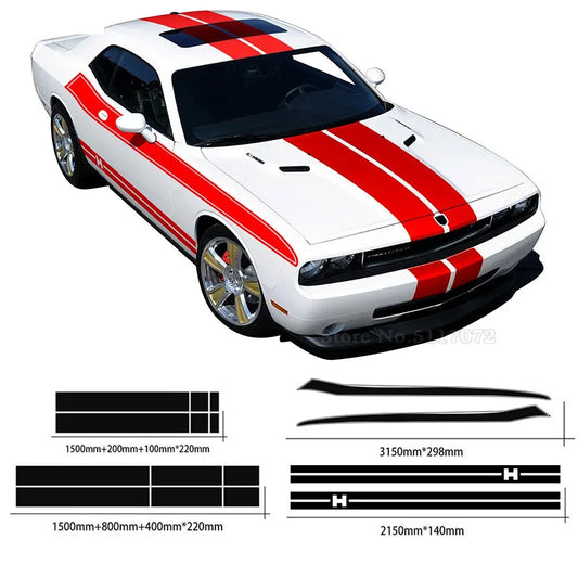Full-Coverage Racing Stripe Kit | Door Side, Hood, Rear, Waistline & Skirt Vinyl Decal - 200000182:366#1 set Style 1;5:100014064#Glossy Red-  DRIVEN - 1