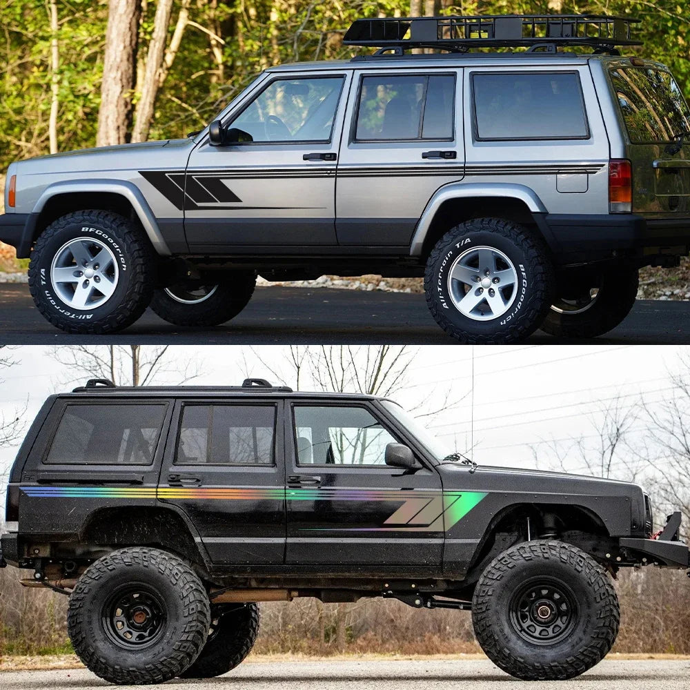 Jeep Cherokee XJ Retro Hockey Stick Racing Side Stripe Decal – Body Door & Side Skirt Vinyl (2 Pcs) | 8 Finishes - 200000182:173#Carbon Fiber-200000182:10#Glossy Red-200000182:350852#Matt Black-200000182:366#Matt Silver-200000182:175#Colorful Laser-  DRIVEN - 4