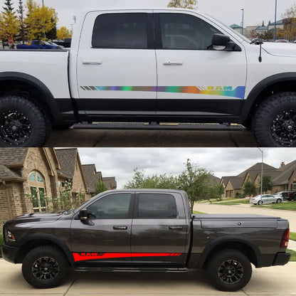 Dodge RAM Door Side Skirt Graphic Decal Kit (2 Pcs) – Custom Vinyl Sticker | 1500, 2500, Rebel, RTX | 12 Finishes - 200000182:10#Glossy Red-200000182:691#Glossy Gray-200000182:366#Glossy Yellow-200000182:350852#Glossy Orange-200000182:29#Glossy White-  DRIVEN - 4