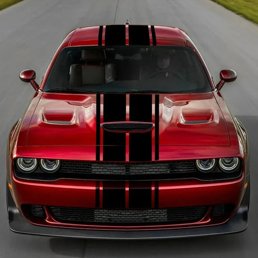 Racing Stripe Hood & Trunk Decal Kit for Dodge Challenger SXT / R/T / SRT (2011–2024) | Vinyl Body Graphics - 200000182:175#Colorful Laser;5:200000990#For Dodge Challenger-  DRIVEN - 1